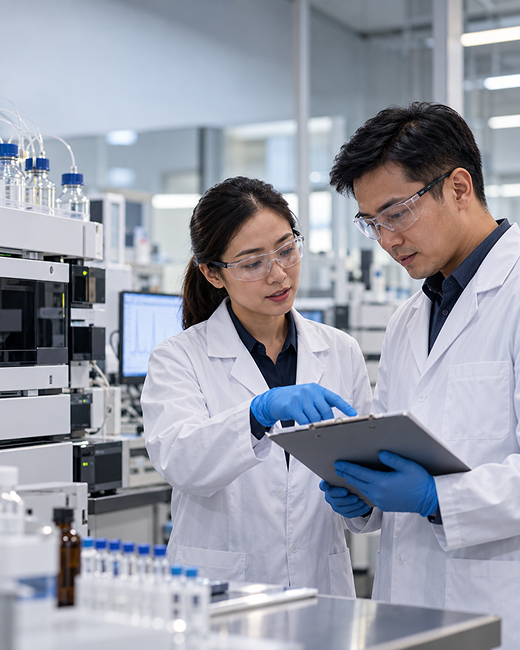 Two laboratory professionals reviewing results together